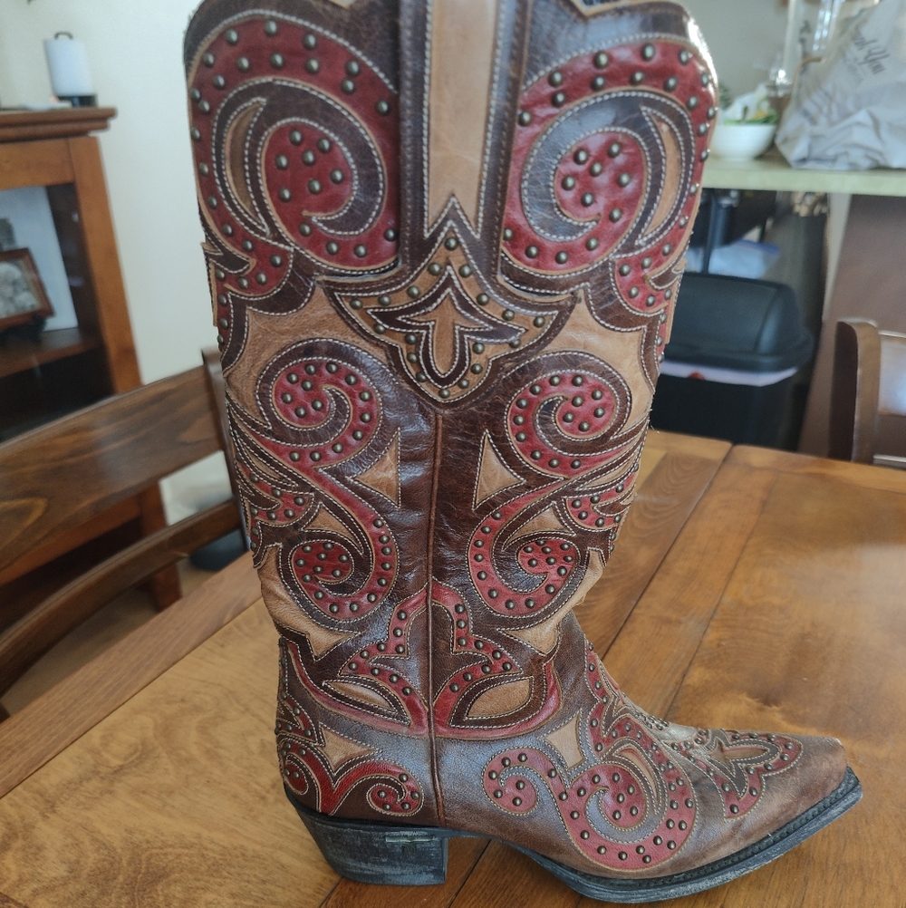 Brown and Red Embroidered Heeled Boots